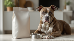 Pitbull ao lado de tigela e embalagem genérica de ração sem texto