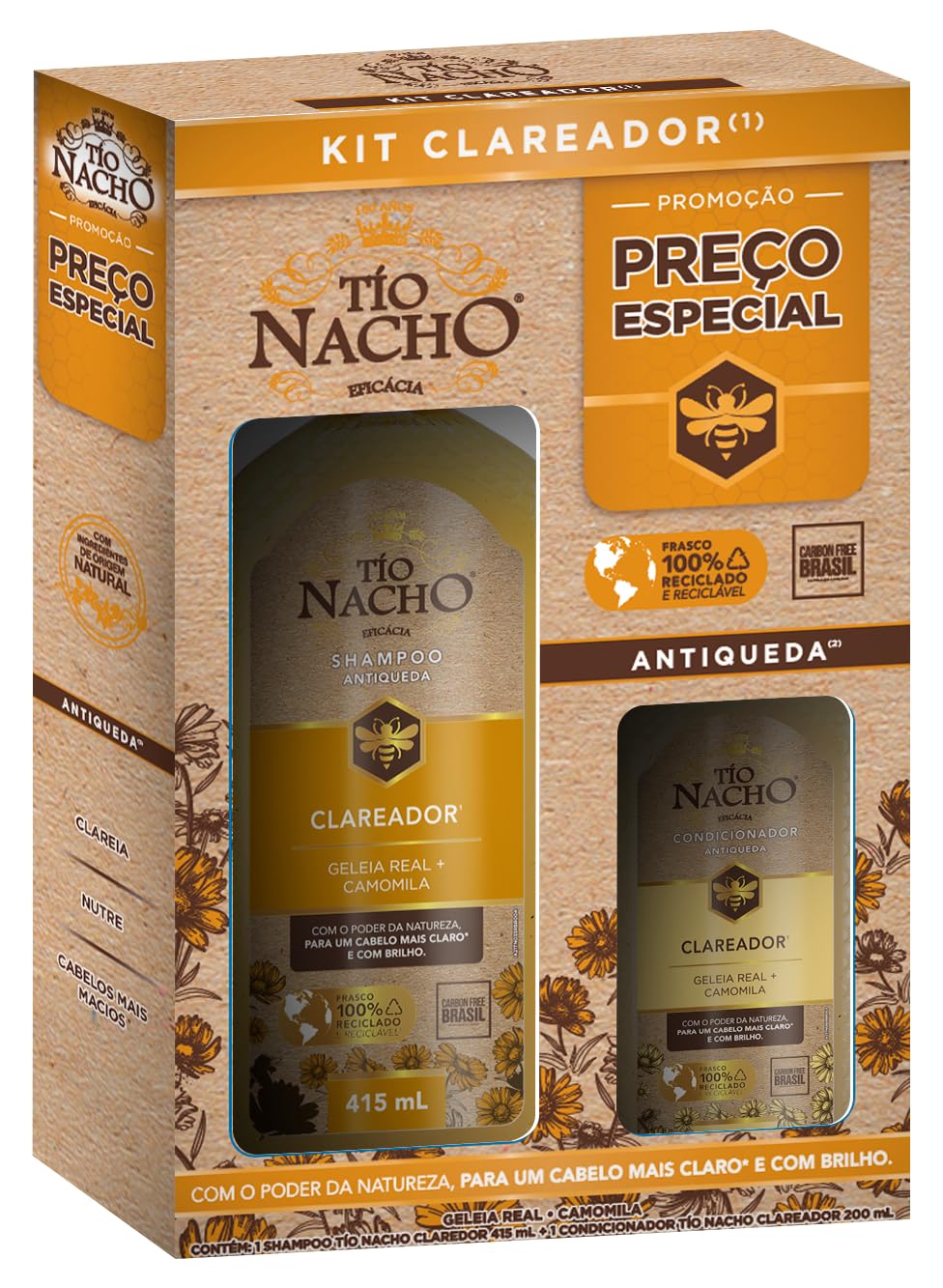 Tío Nacho Kit Shampoo + Condicionador Clareador Antiqueda Natural com Camomila e Geleia Real para Cabelos Claros ou com Mechas – Brilho e Clareamento Natural (Shampoo 415ml + Condicionador 200ml)