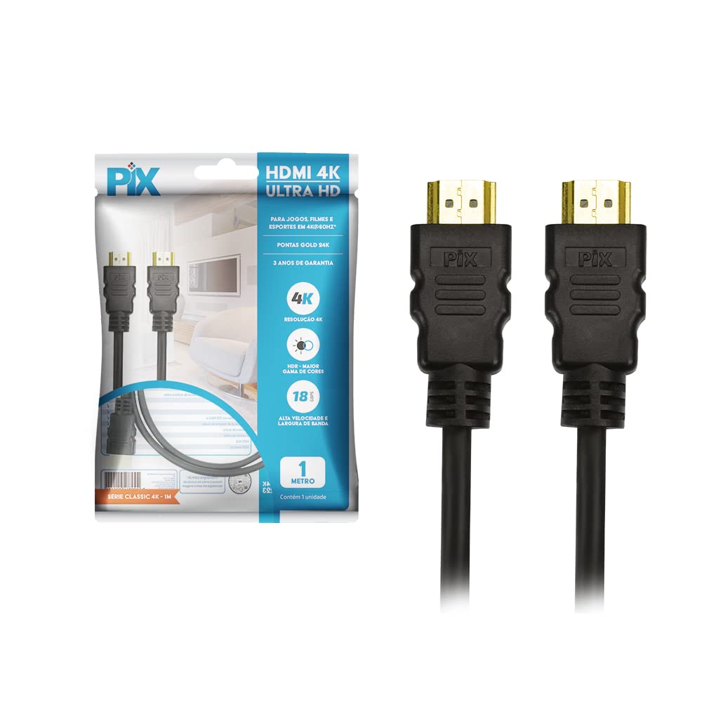 PIX Cabo HDMI 2.0 4K HDR 19 Pinos 1m PIX Gold, Preto