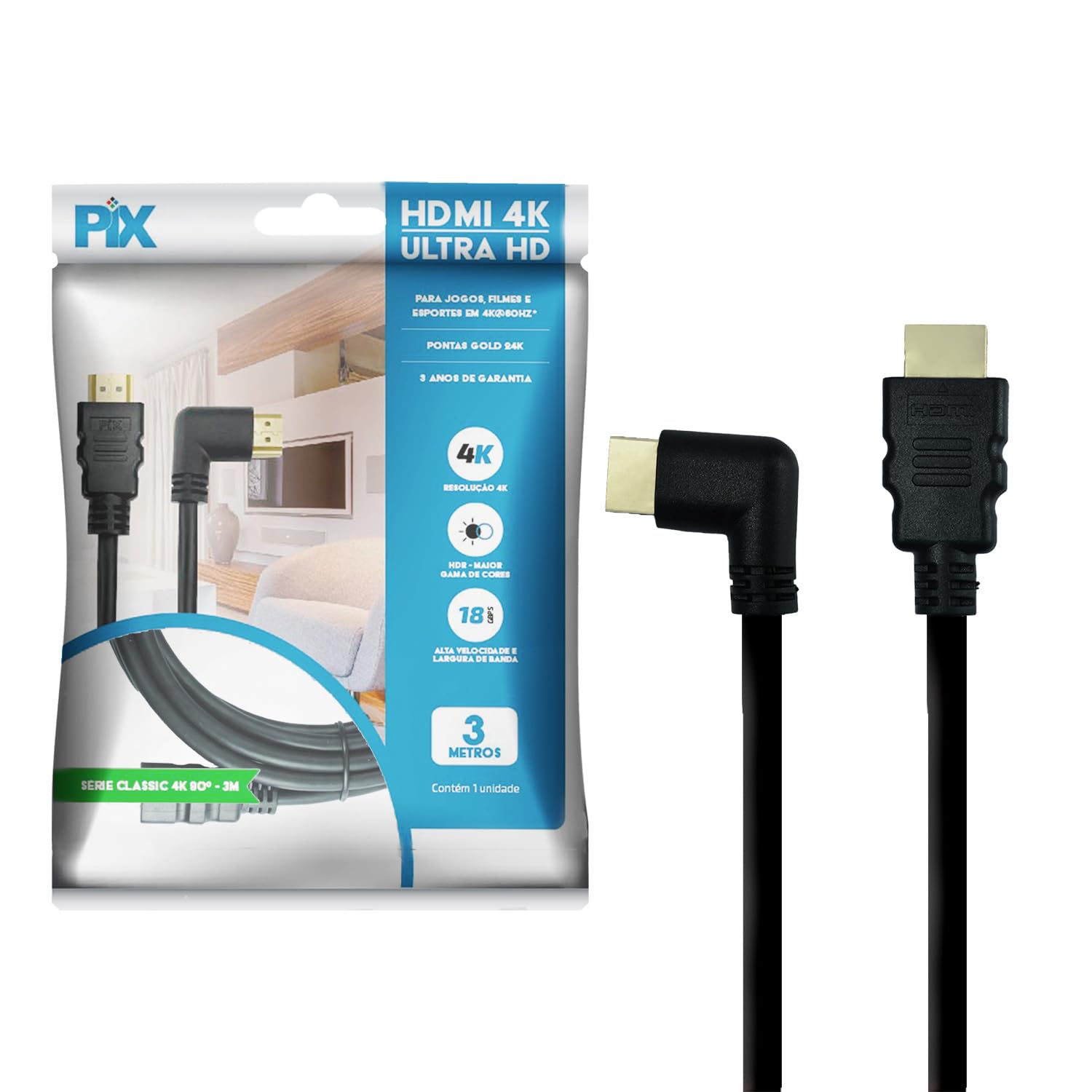 PIX Cabo HDMI 2.0 4K 19 Pinos - Plug 90 Graus, 3 Metros