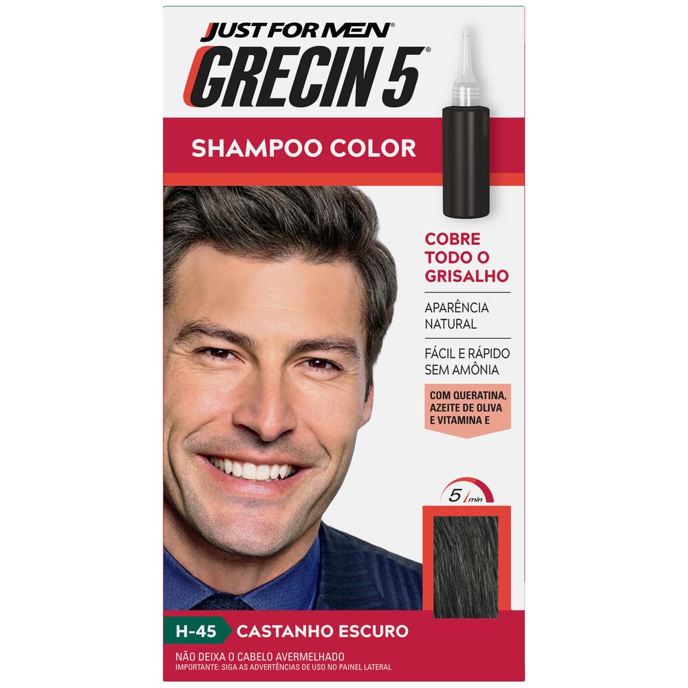 Just For Men Grecin 5 Shampoo Tonalizante para Cabelo, Aparência Natural, Cor H45, Castanho Escuro, 60ml