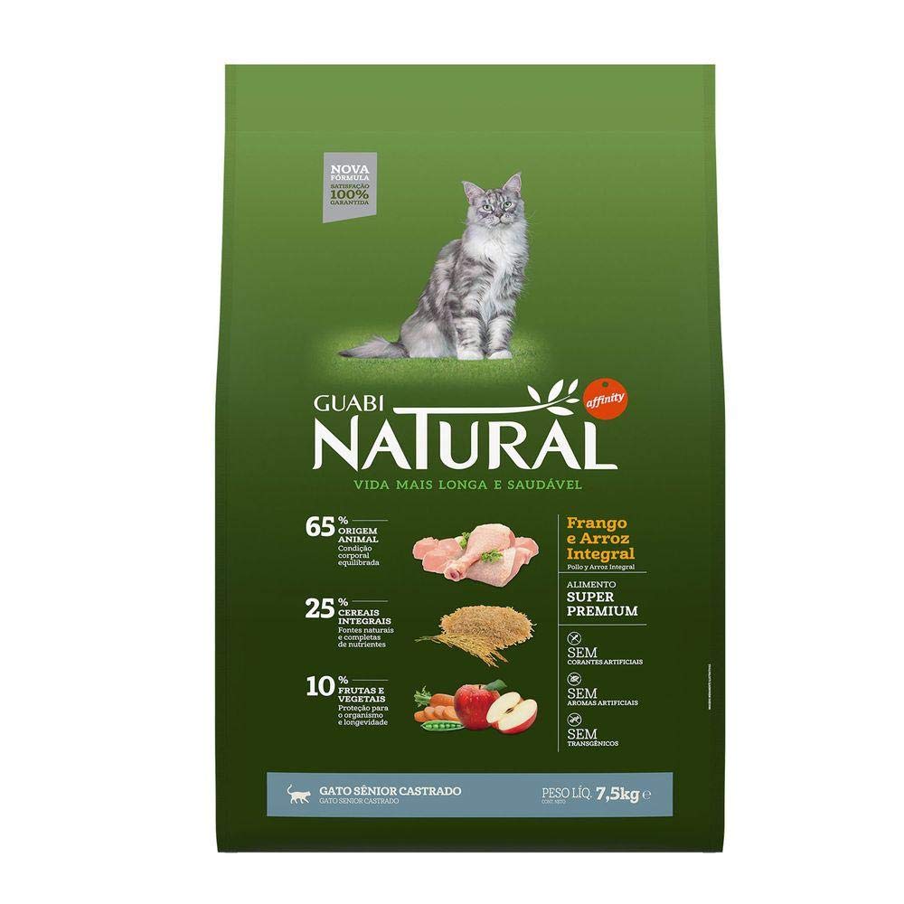 Ração Guabi Natural Gatos Sênior Castrados Frango e Arroz Integral 7,5 kg, Verde