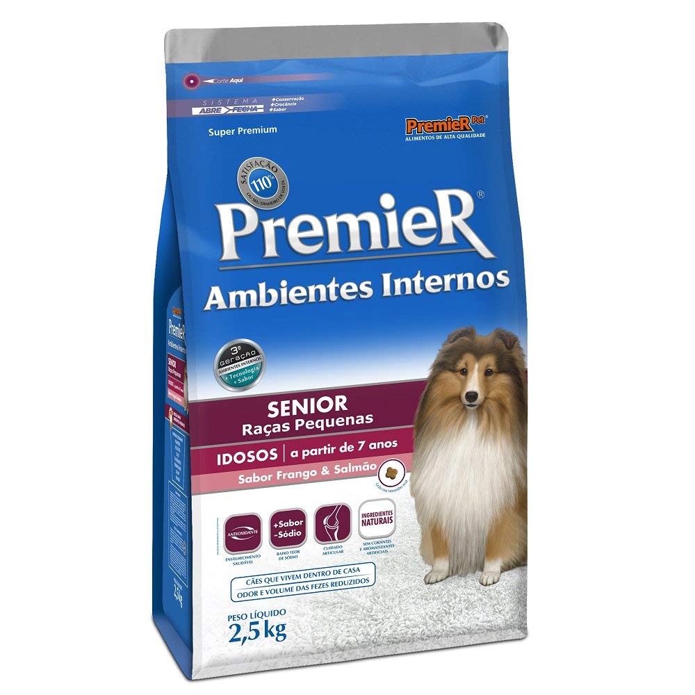 Ração Premier Senior Ambientes Internos para Cães Adultos 7+ Sabor Frango e Salmão, 2,5kg