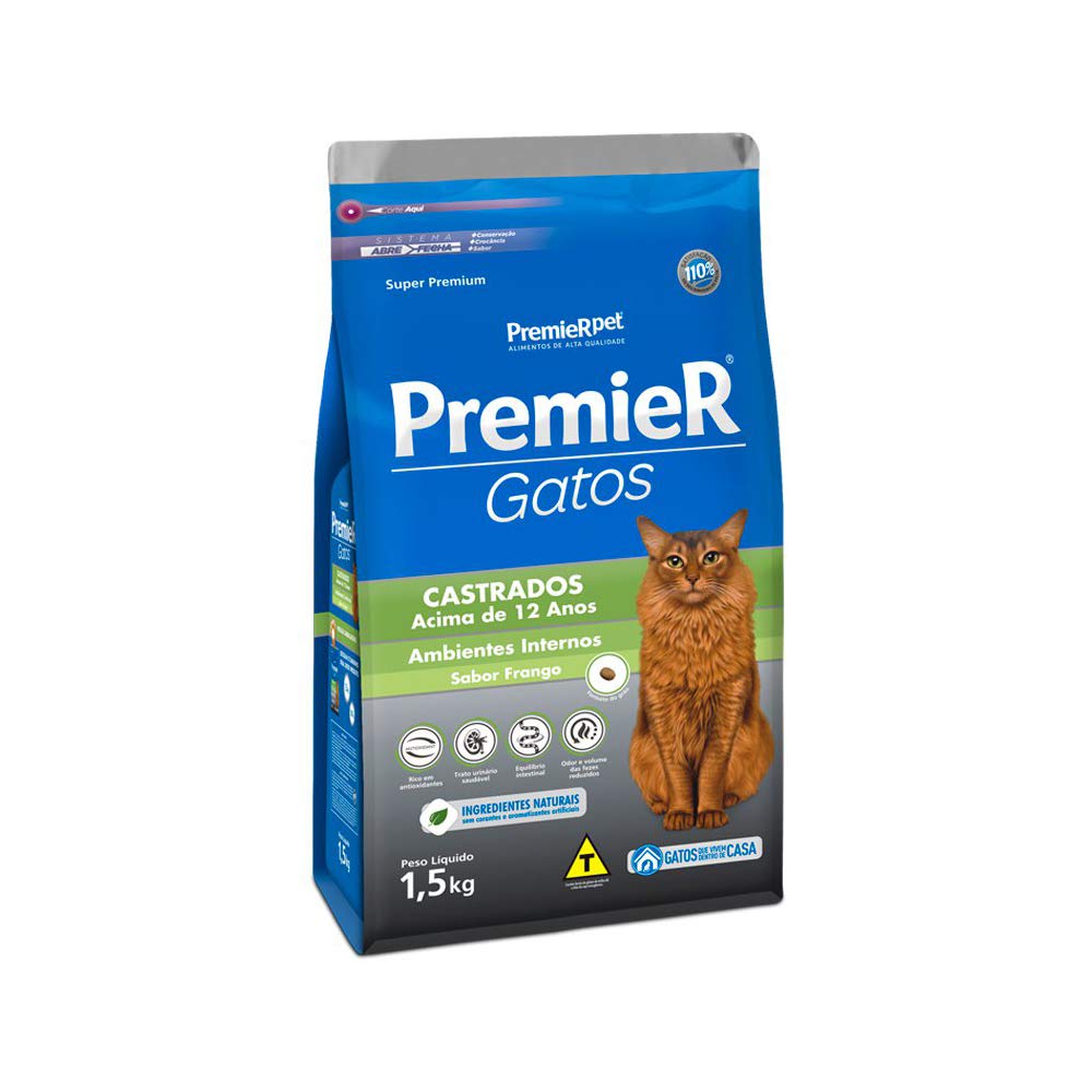 PremieR Pet Ambientes Internos Ração Seca para Gatos Castrados 12+ Sabor Frango 1,5Kg