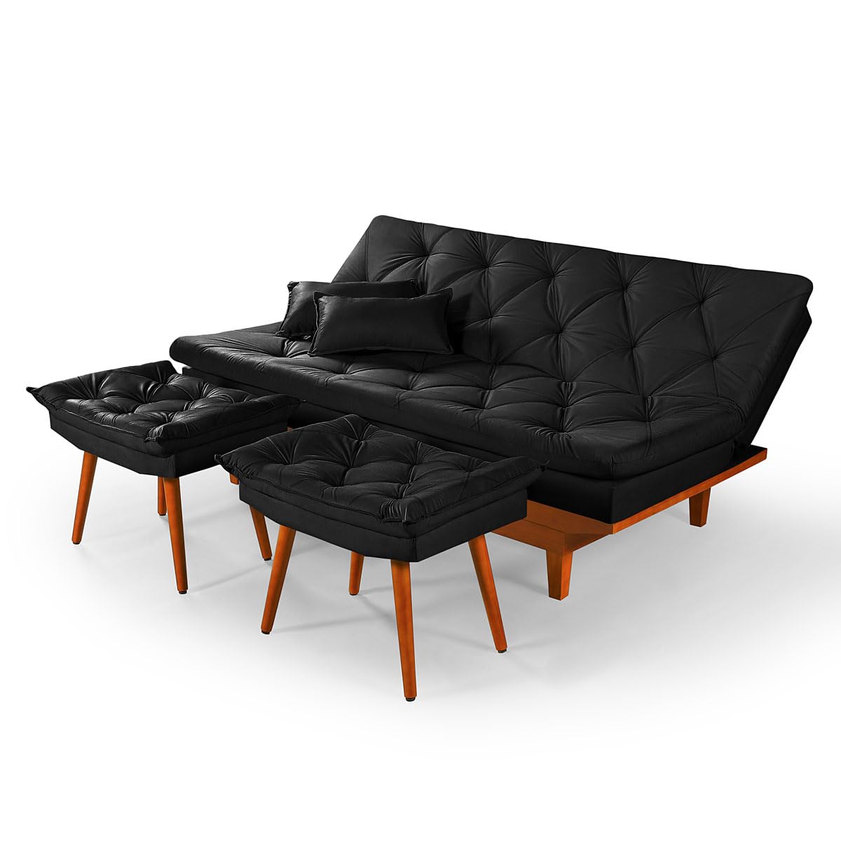 Sofa Cama Reclinavel Caribe Com Duas Banquetas Rubi Suede Preto
