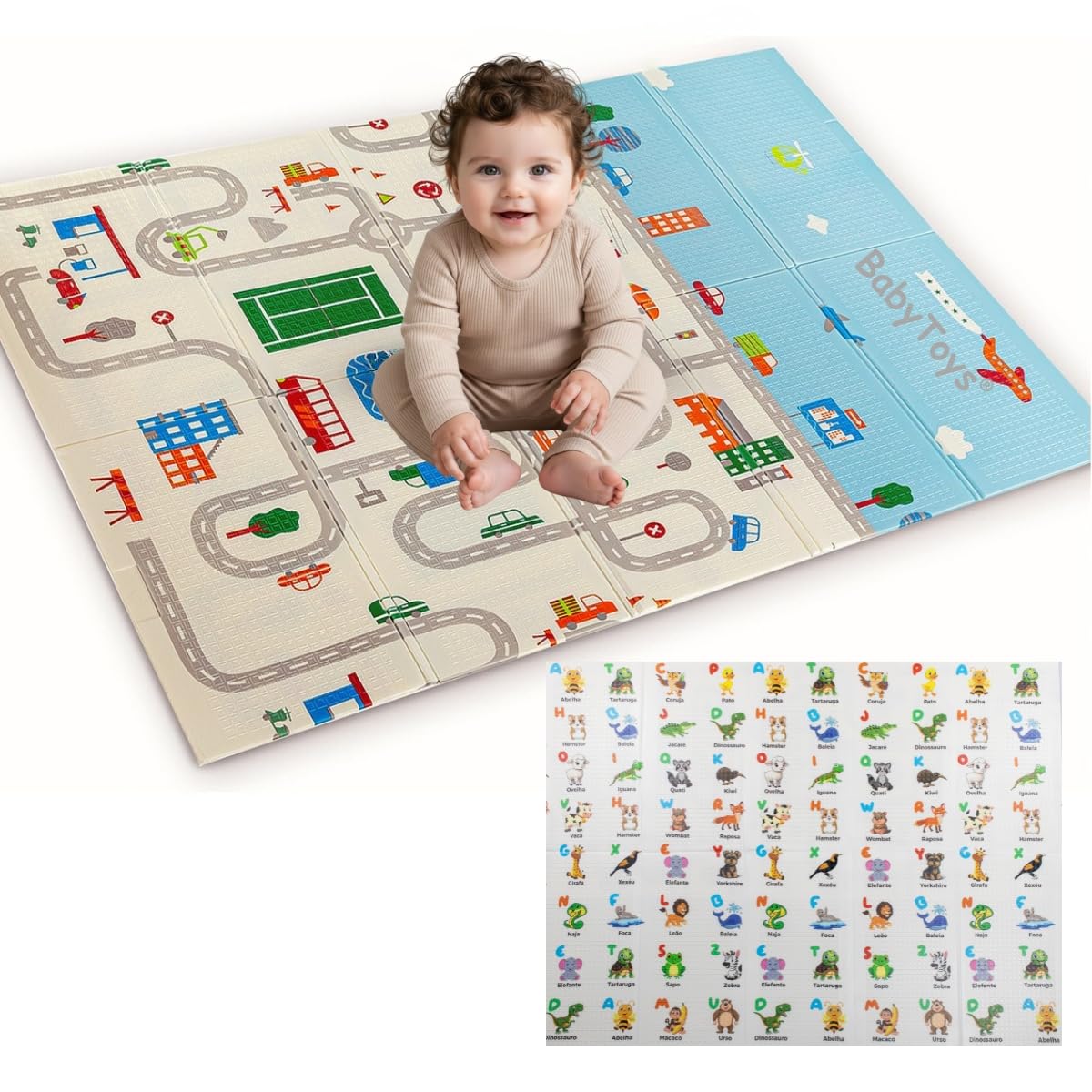 Tapete Tatame Infantil Térmico Sensorial Educativo Grande Dupla Face – Alfabeto dos Animais Emborrachado Dobrável Impermeável Original Baby Toys®