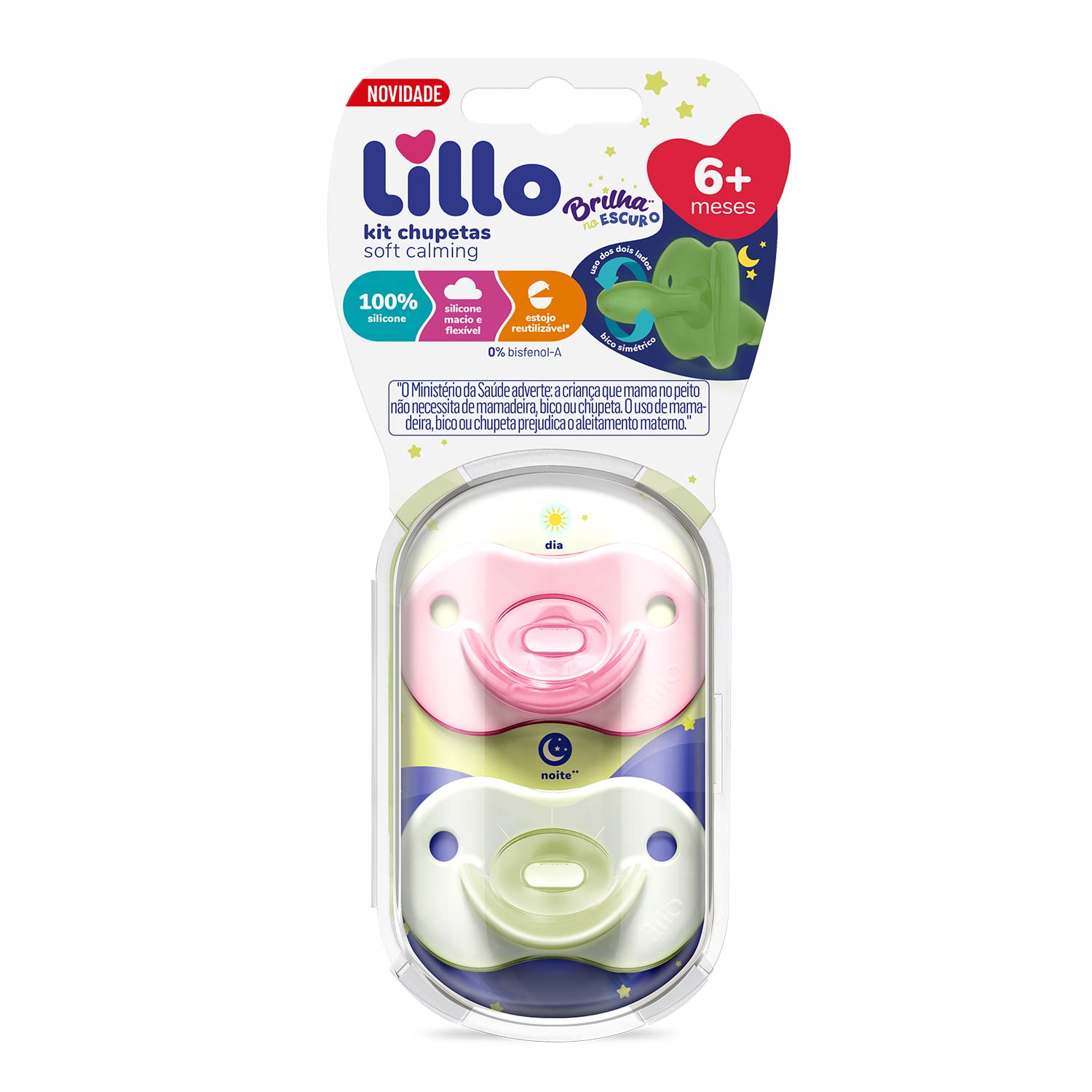Lillo Kit De Chupeta 100% Silicone Calming Brilha No Escuro Bico Simétrico 6+ Meses - Rosa