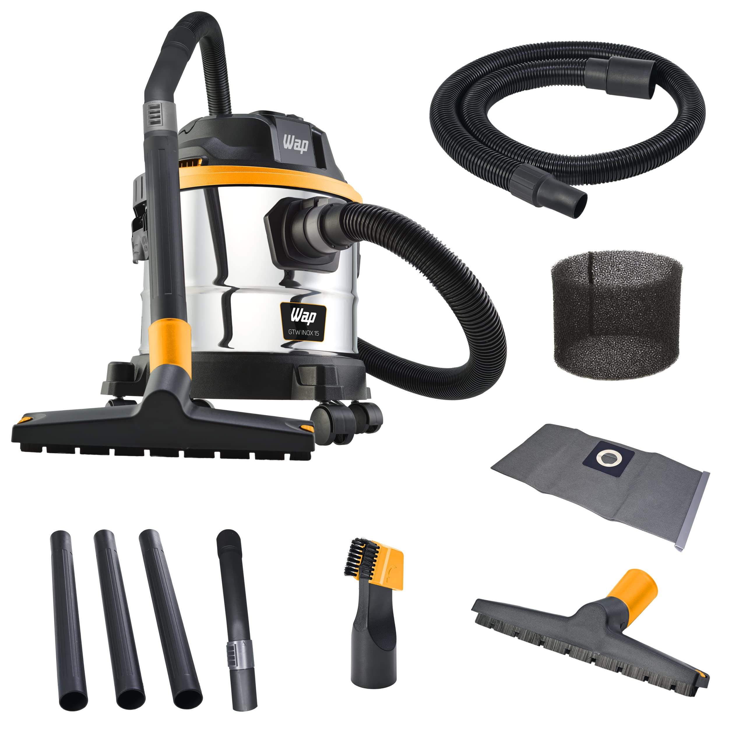 WAP Aspirador de Pó e Água Barril GTW INOX 15, Compacto, 15 Litros, 1700W