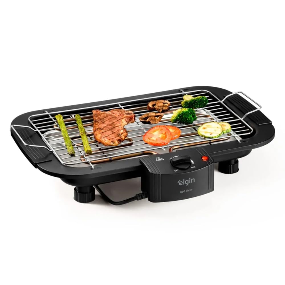 Churrasqueira Elétrica de Mesa BBQ Show Elgin 110V com Controle de Temperatura Bandeja Anti-fumaça e Grelha Removível