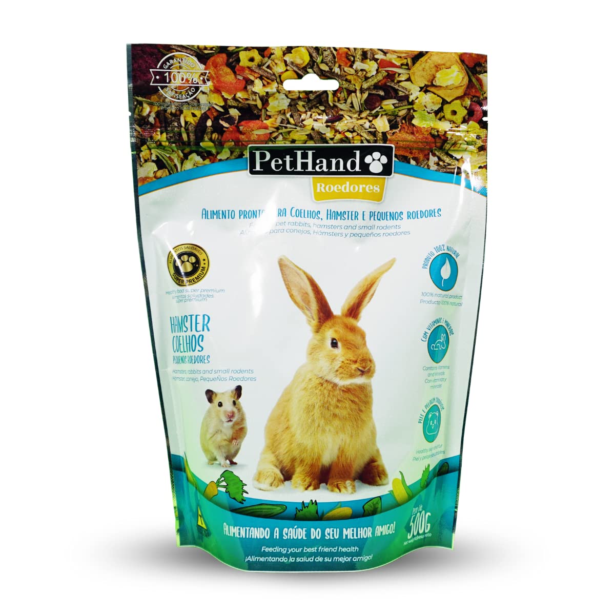 Ração Para Roedores Super Premium Pethand 500G, Fazenda Bioland, Alimento Pronto Para Coelhos, Hamster E Pequenos Roedores, Verde, Produto 100% Natural Com Vitaminas E Minerais