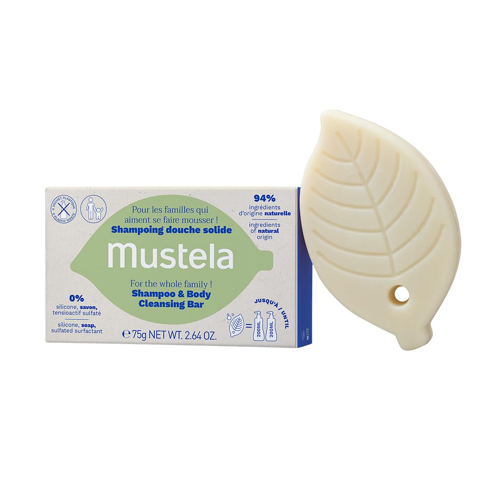 Mustela Shampoo Sólido Corpo e Cabelo 75g - Sabonete e Shampoo 2 em 1 - Vegano, Sem Fragrância e com 94% de Ingredientes de Origem Natural - Para Bebês, Crianças e Adultos