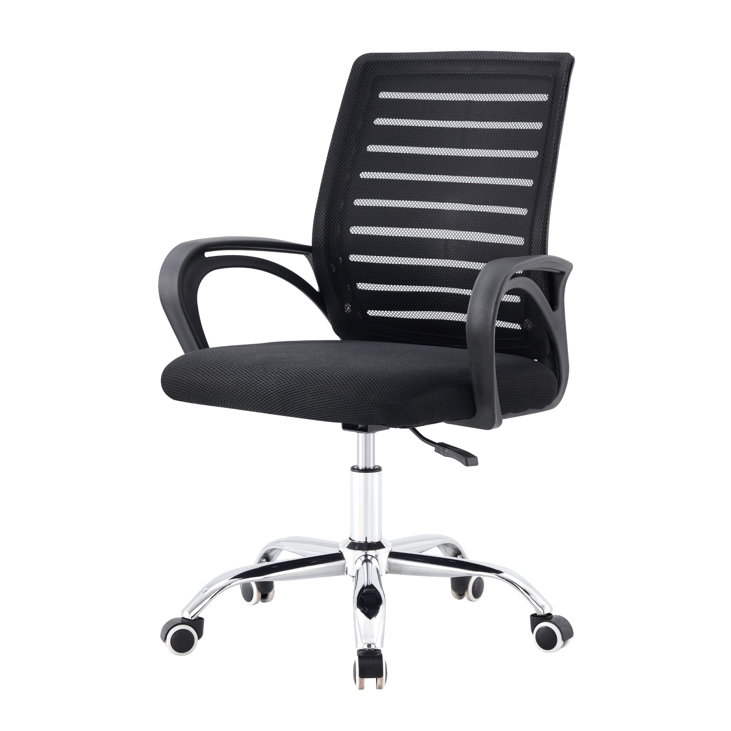 Cadeira Ergonômica Conthey Home Office e Escritório, Encosto Listrado Mesh Respirável, Regulagem de Altura a Gás, Base Cromada 5 Rodízios 360°, Braços Fixos, Preta