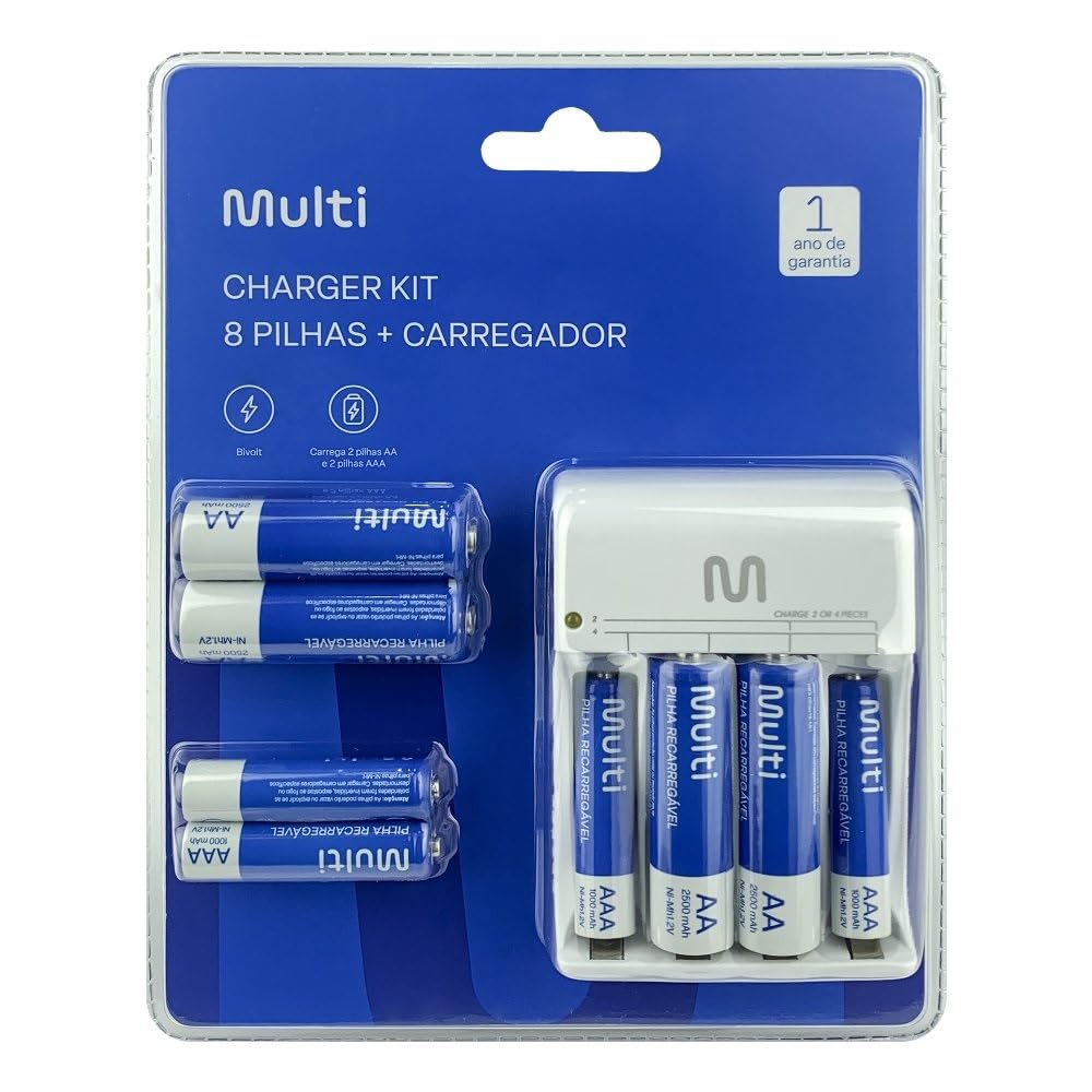 Kit de 8 Pilhas AA e AAA Recarregáveis com Carregador Multi