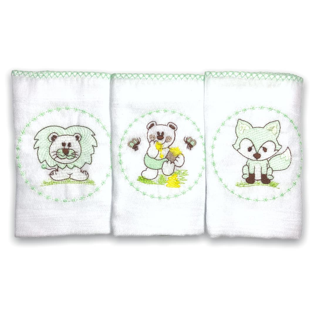 Kit 3 Fraldas de Pano para Bebê Bordadas Bichinhos Verde