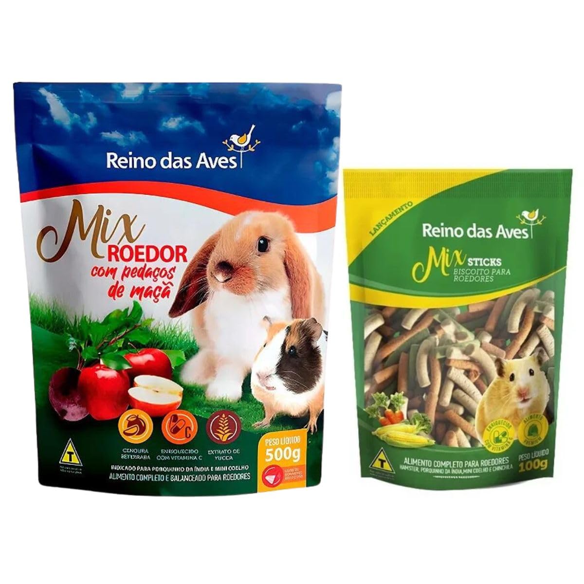Ração Porquinho Da Índia e Mini Coelho 500g + Stick Biscoito Para Roedores 100g - Reino das Aves