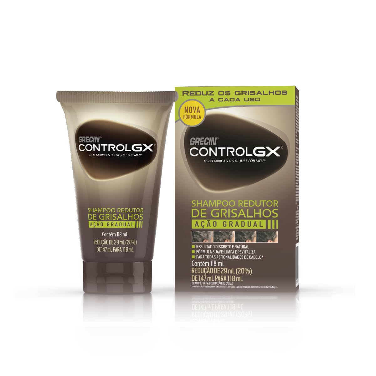 Grecin Control GX Shampoo Redutor de Grisalhos, Ação Gradual, Aparência Natural, Para Todas as Tonalidades de Cabelo, 118 ml