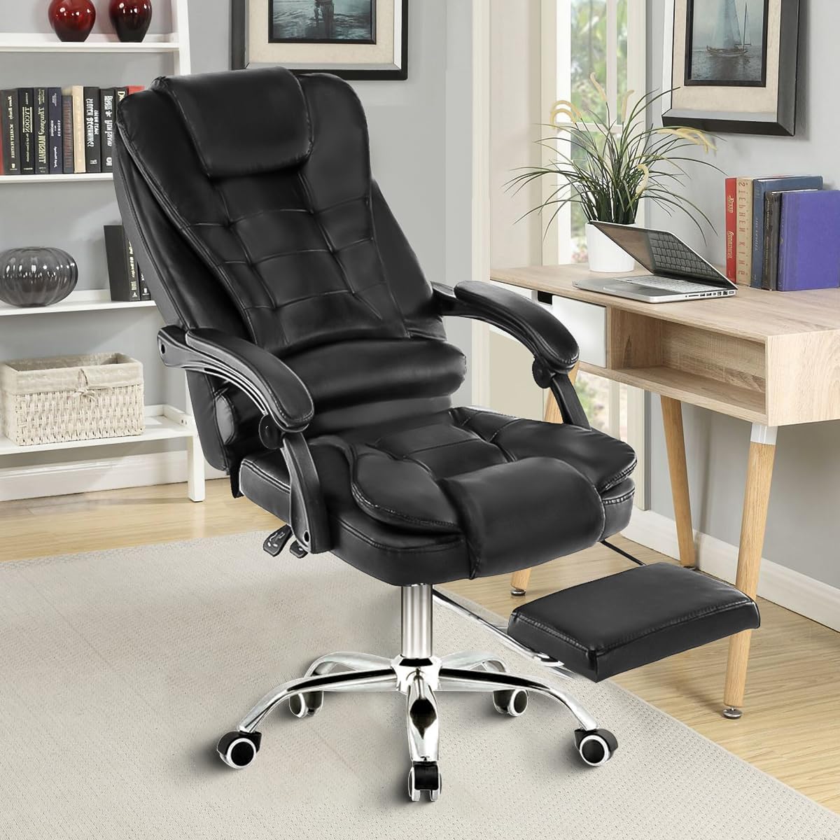 Cadeira de escritório presidente, cadeira de home office com apoio para os pés e encosto ajustável (Preto)