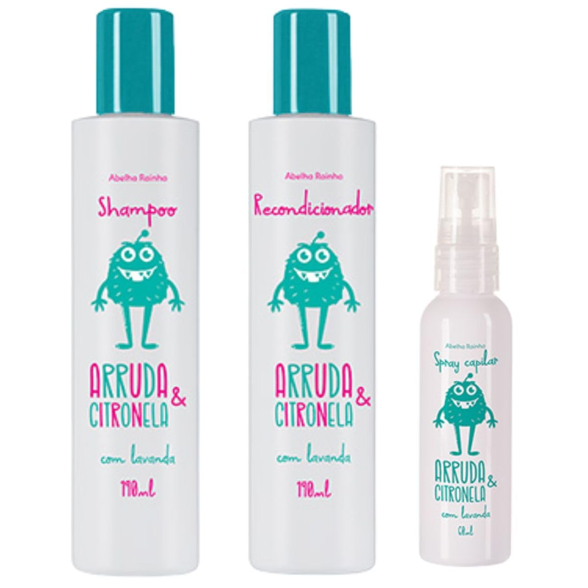 Kit Mata Piolho e Lêndeas, Arruda e Citronela Shampoo, Condicionador e Spray Abelha Rainha