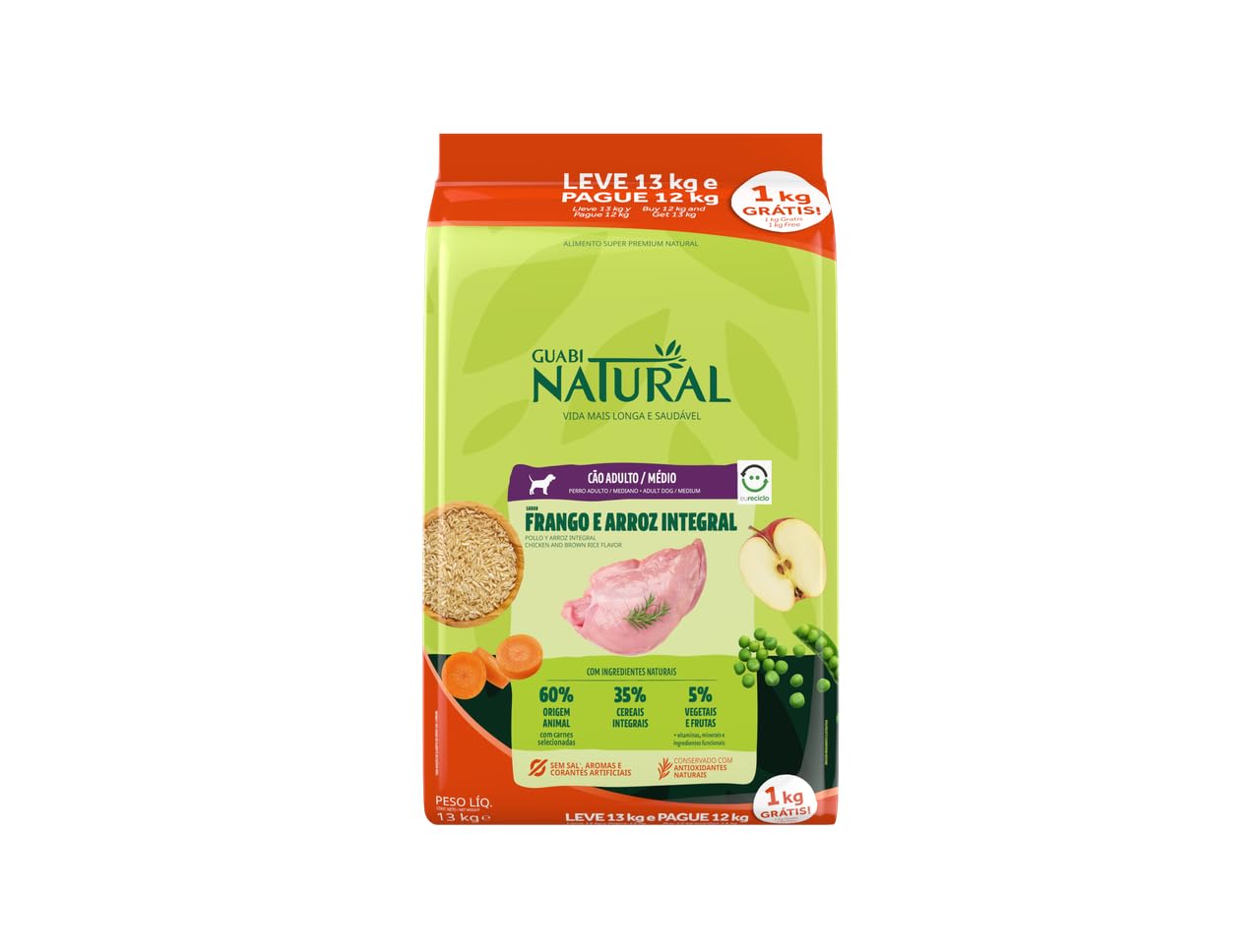Guabi Natural Sabor Frango e Arroz Integral para Cães Adultos Porte Médio 13kg (Pague 12kg)