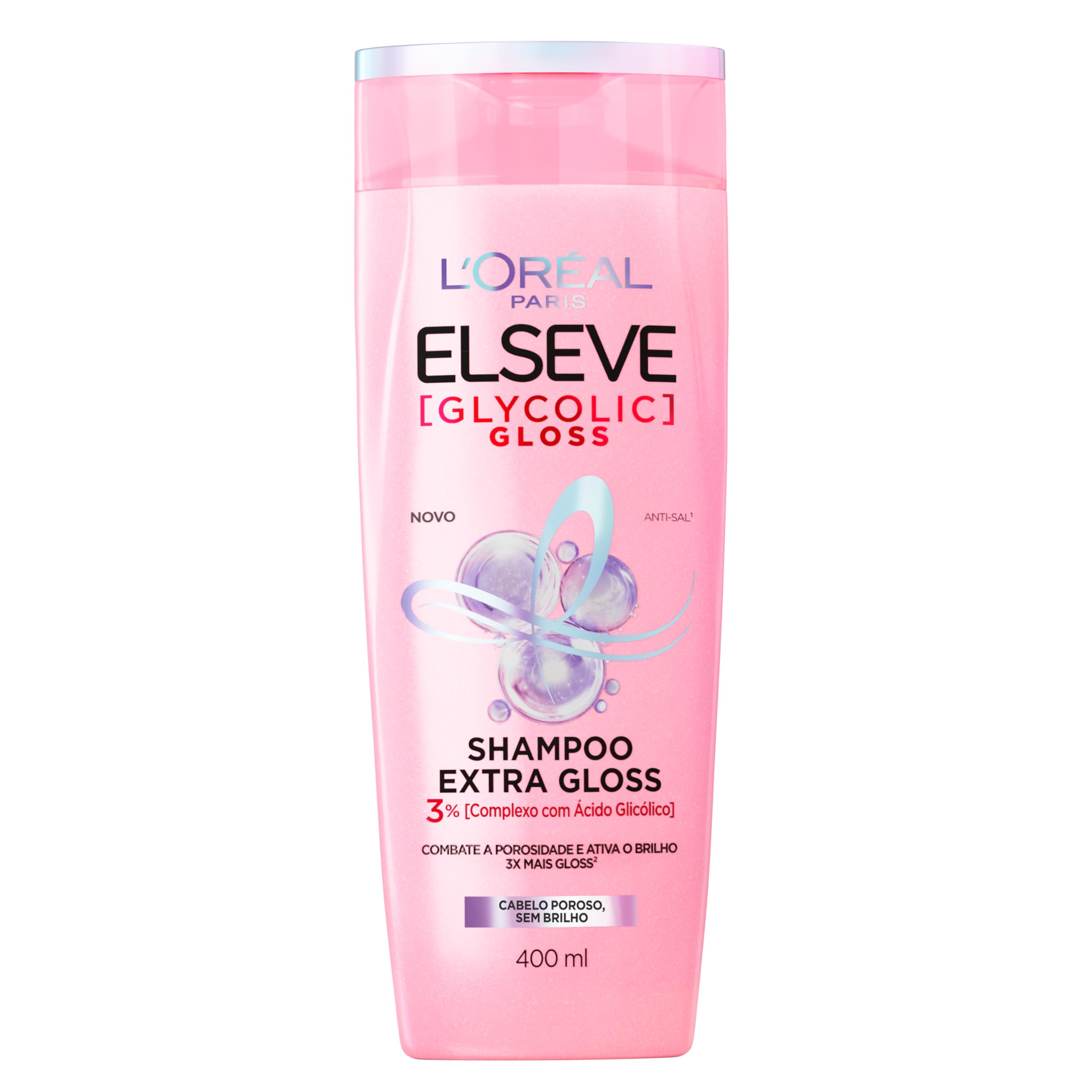 L'Oréal Paris Elseve Glycolic Gloss Shampoo Extra Gloss, Fórmula com pH Ácido e Ácido Glicólico, Limpeza Profunda e Combate a Porosidade dos Fios, 400ml