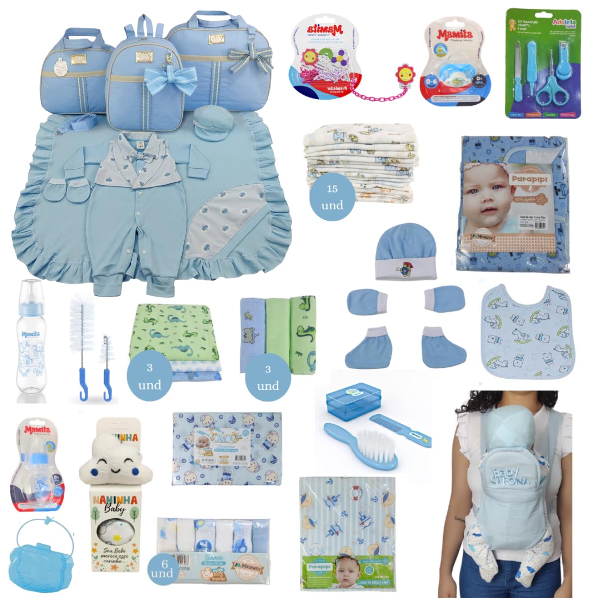 Kit Bolsa Maternidade 3 Peças com Saída e Enxoval Menino (Laço)