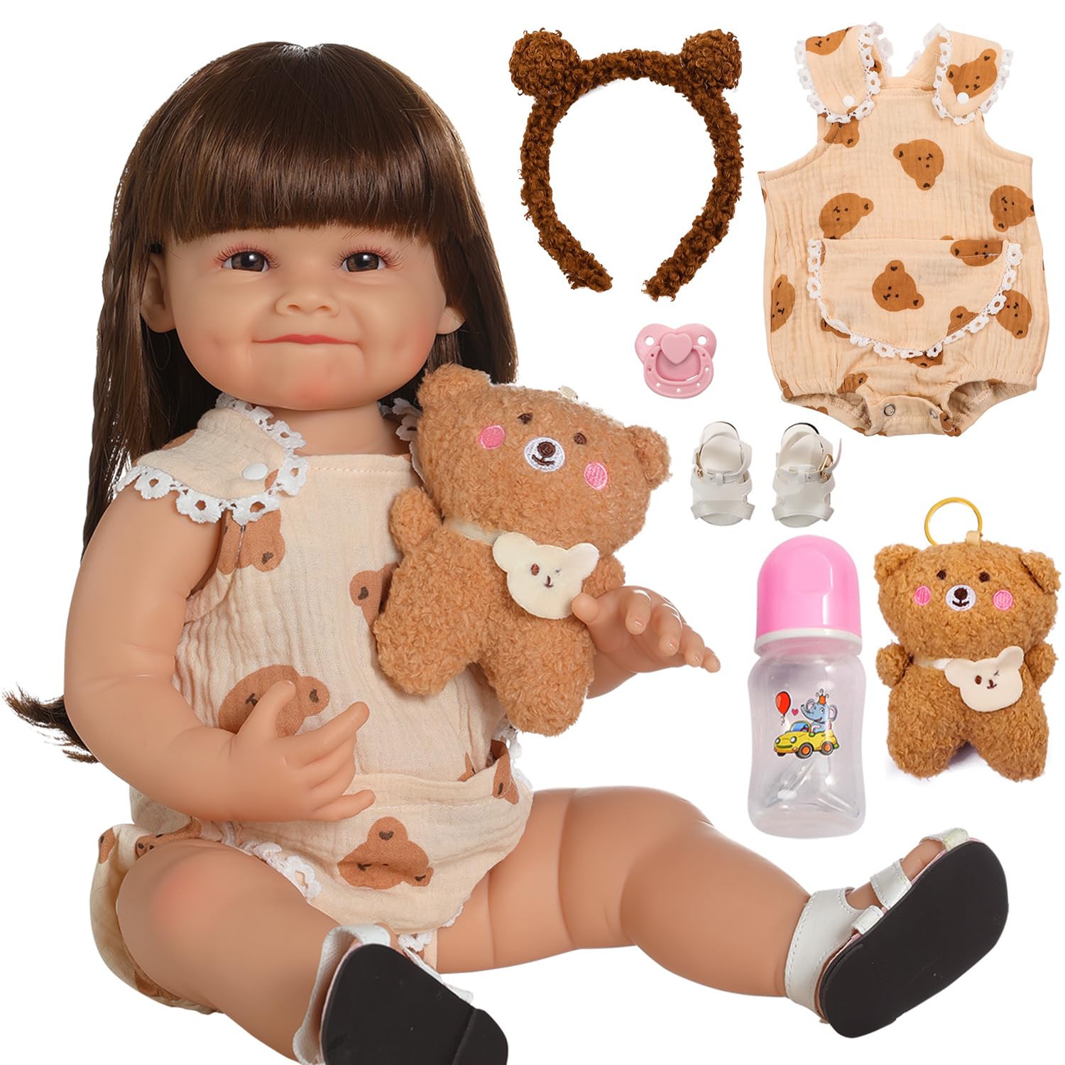 Bebê Reborn Boneca Silicone Menina Sorriso Urso 48cm Pode dar Banho Criança Presente Original