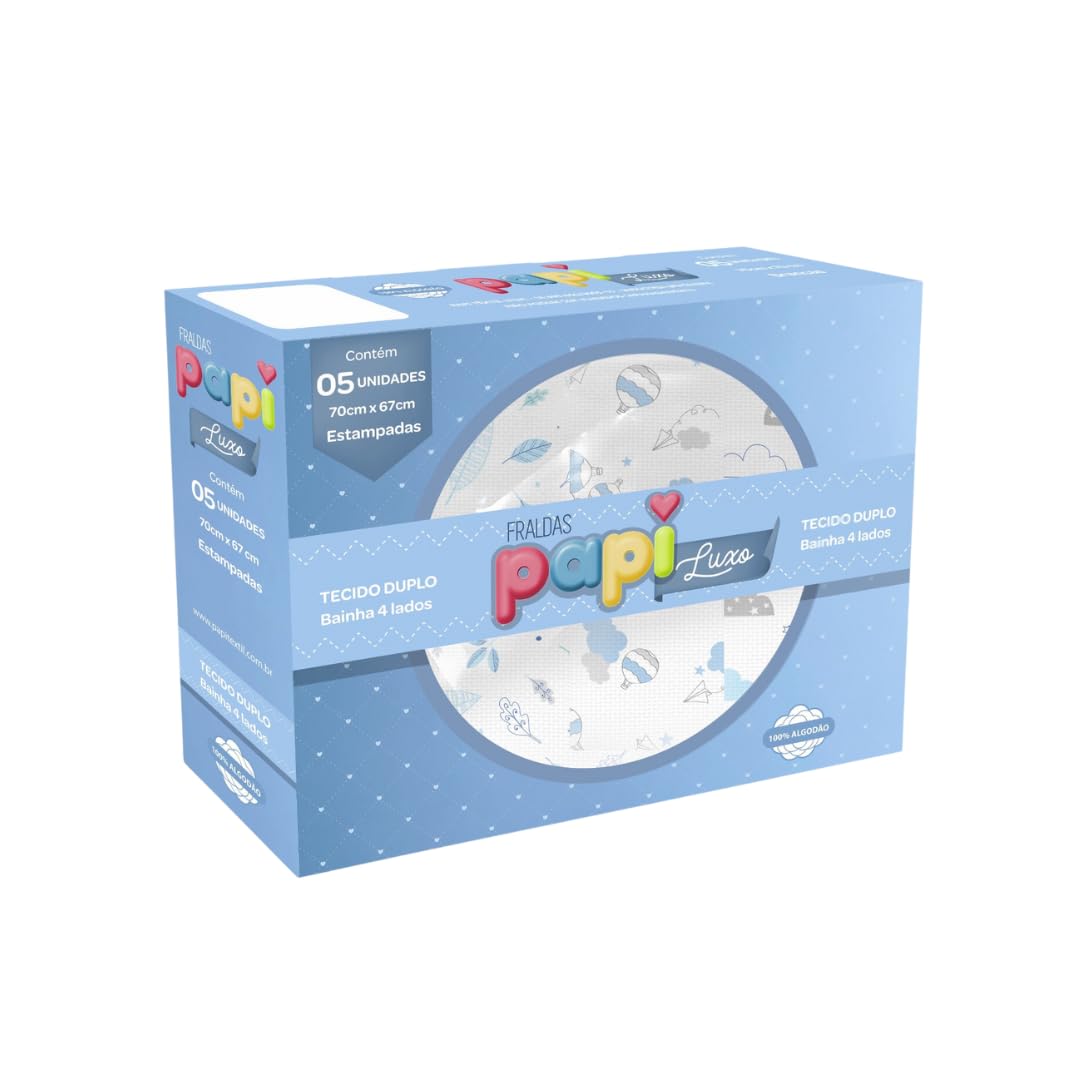 Papi Têxtil Fralda Luxo com Bainha Estampada 70x67cm, 5 Unidades