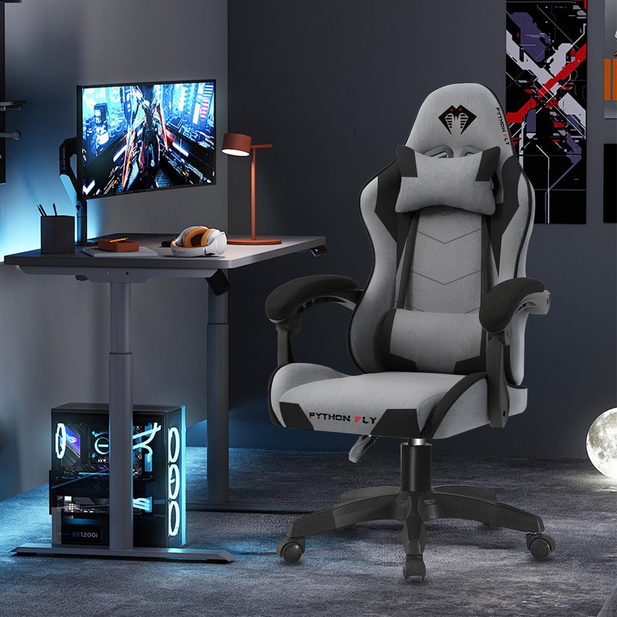 Cadeira Gamer Python Fly em tecido, respirável e ecológica (Cinza Escuro)