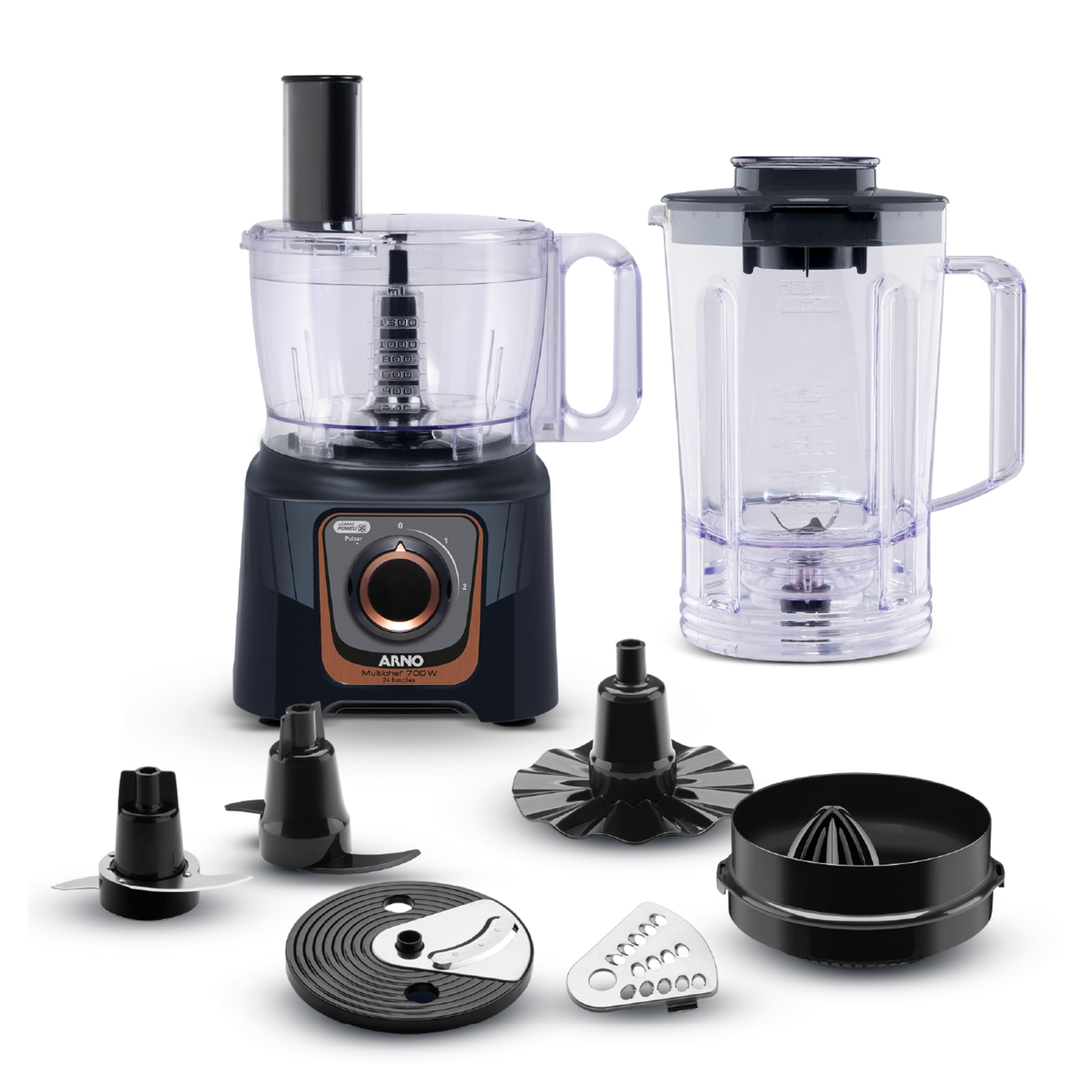 Multiprocessador Arno Multichef 700W MP72, com 24 Funções, 7 Acessórios, 2 Velocidades e Liquidificador