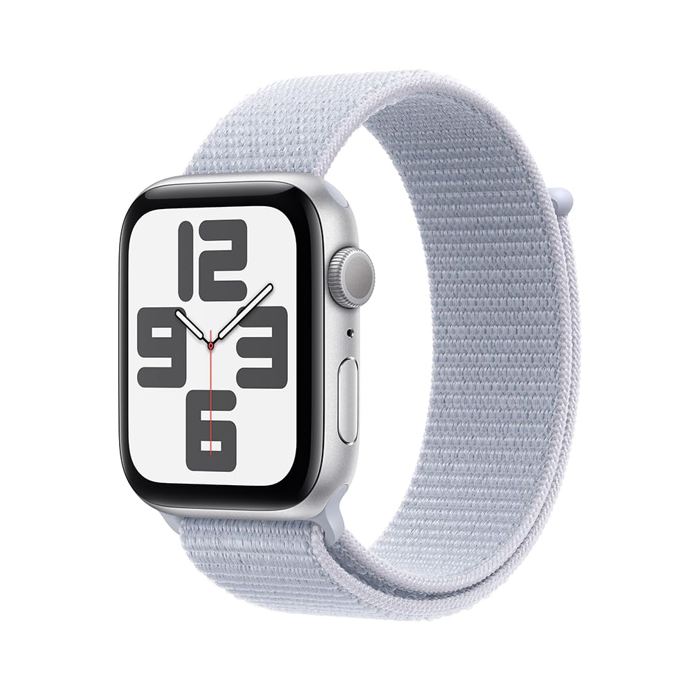 Apple Watch SE GPS • Caixa prateada de alumínio – 44 mm • Pulseira loop esportiva nuvem azul