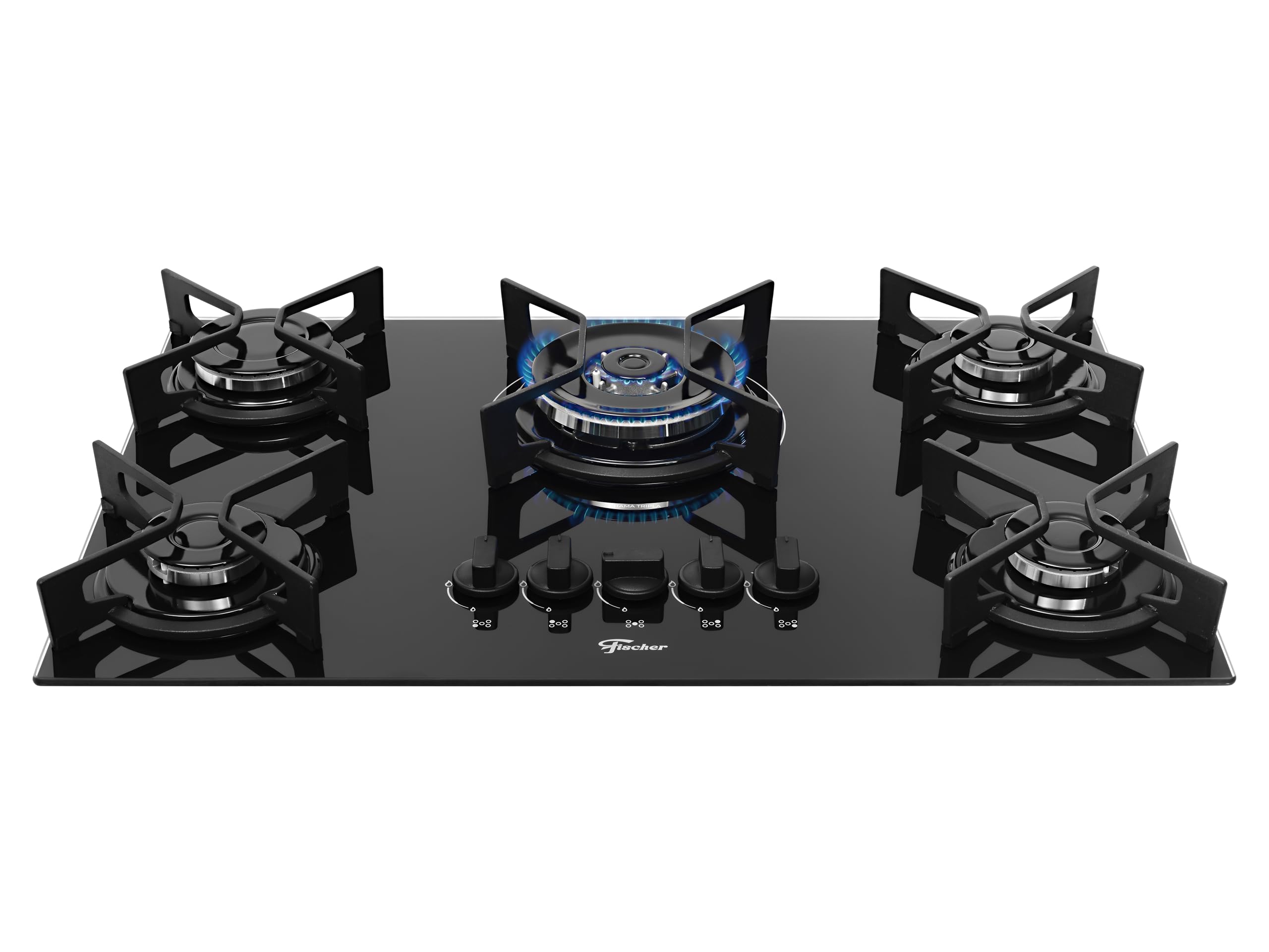 Fischer Cooktop a Gás 5 Bocas Tripla Chama Fit Line Trempe Iron Mesa Vidro Preto Bivolt 36340-102674