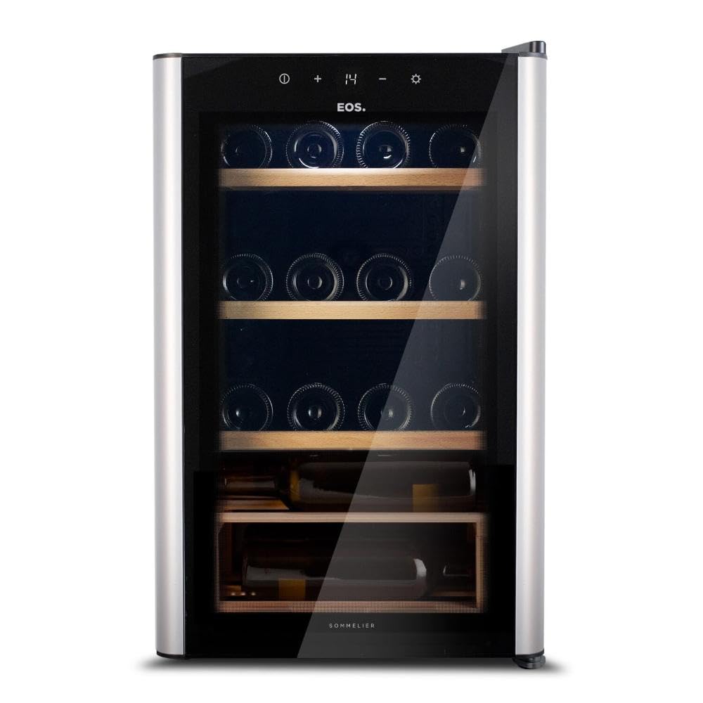 Adega Climatizada 22 Garrafas Eos Premium com Porta de Vidro e Inox, Prateleira de Madeira e Compressor