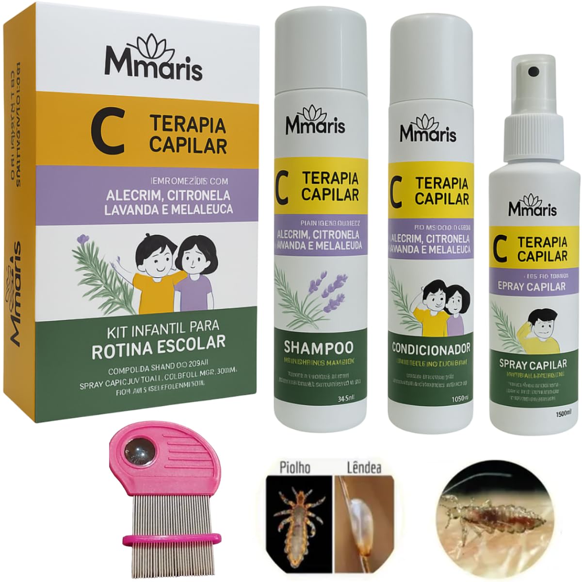 Kit Shampoo Piolhos e Lêndeas, Condicionador, Spray Capilar, Creme de Pentear e Pente Fino M Mari's