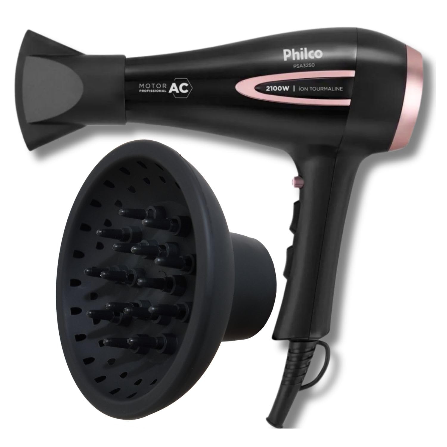 Secador de Cabelo Philco Profissional 2100W Íon Tourmaline com Difusor de Cachos - 127v