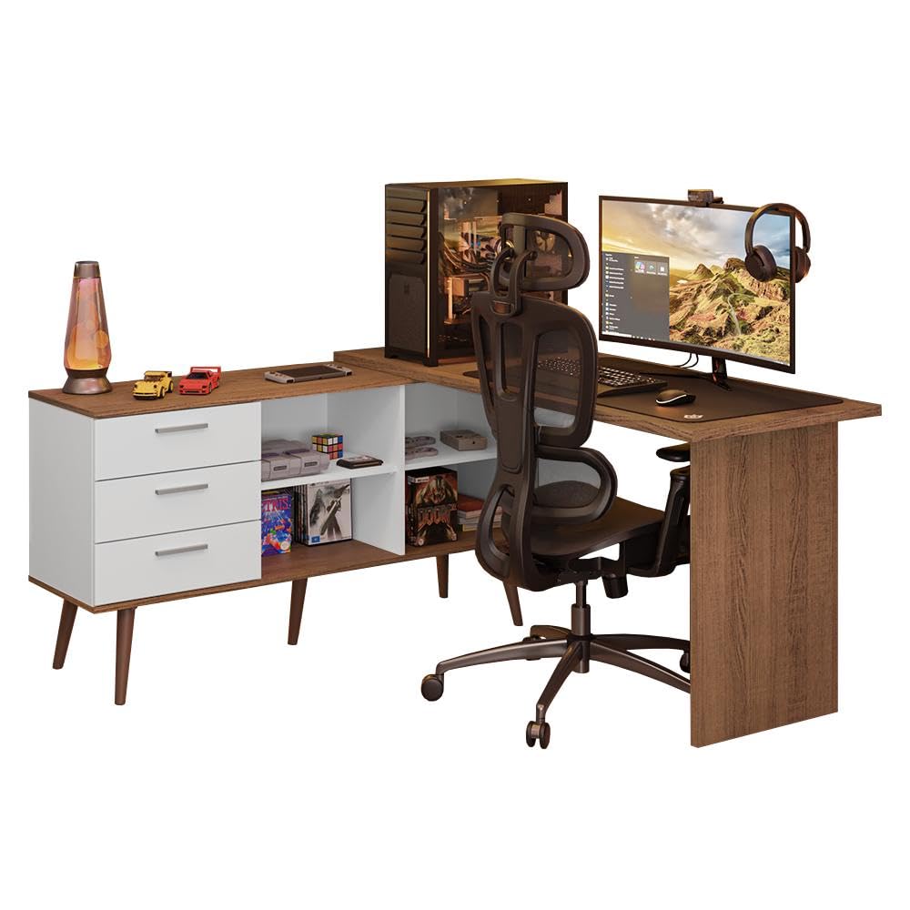 Mesa Gamer em L 3 Gavetas Branco/Rustic Lisboa Madesa