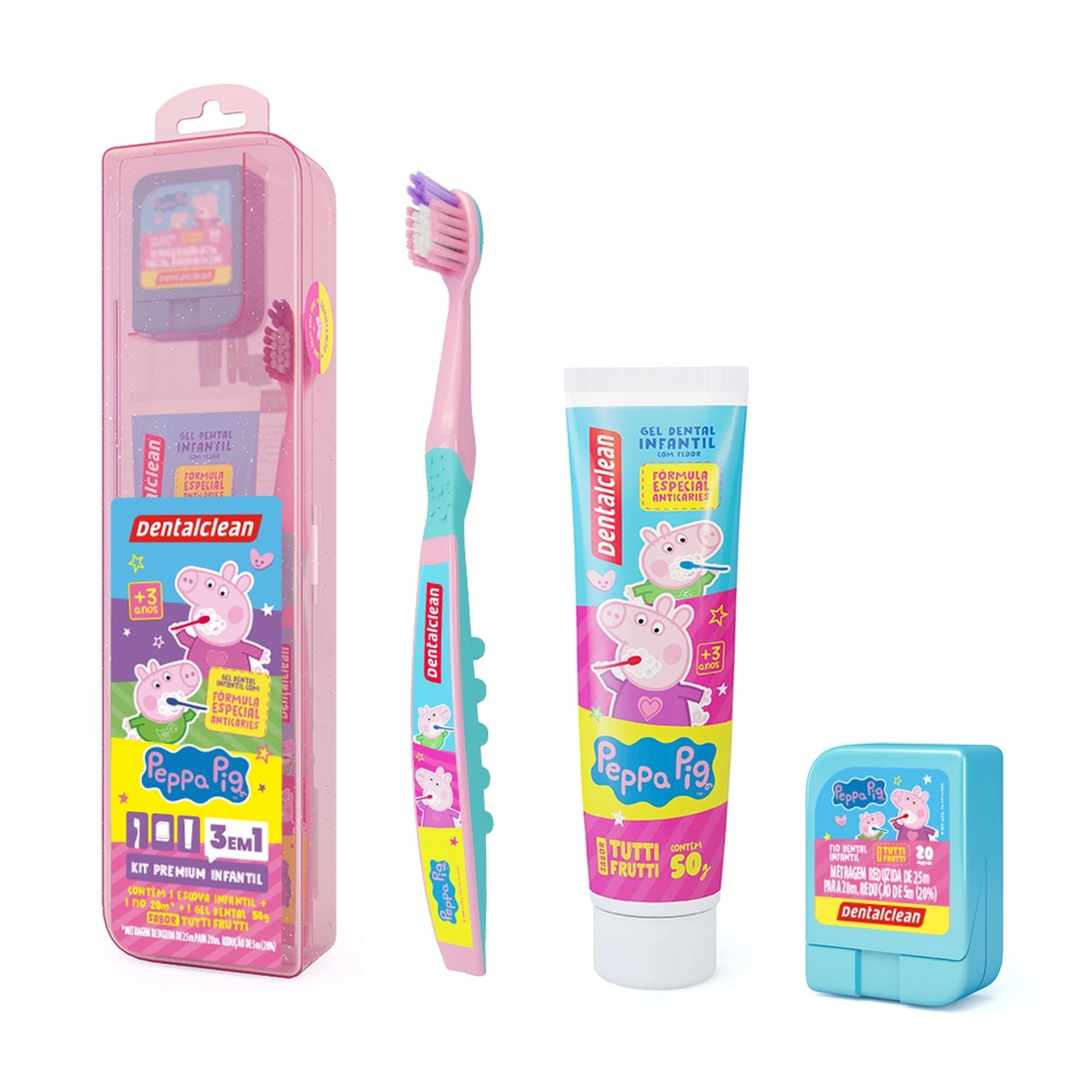Dentalclean Kit Infantil Peppa Pig Gel Dental 50g com Flúor, Escova e Fio Dental