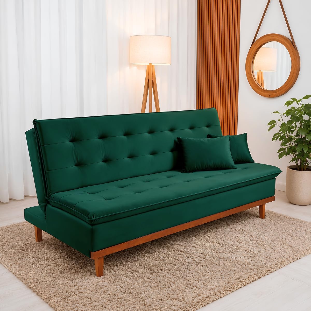 Sofá-Cama 3 Lugares Santorini Reclinável Veludo Premium Ideal para Apartamentos (VERDE)