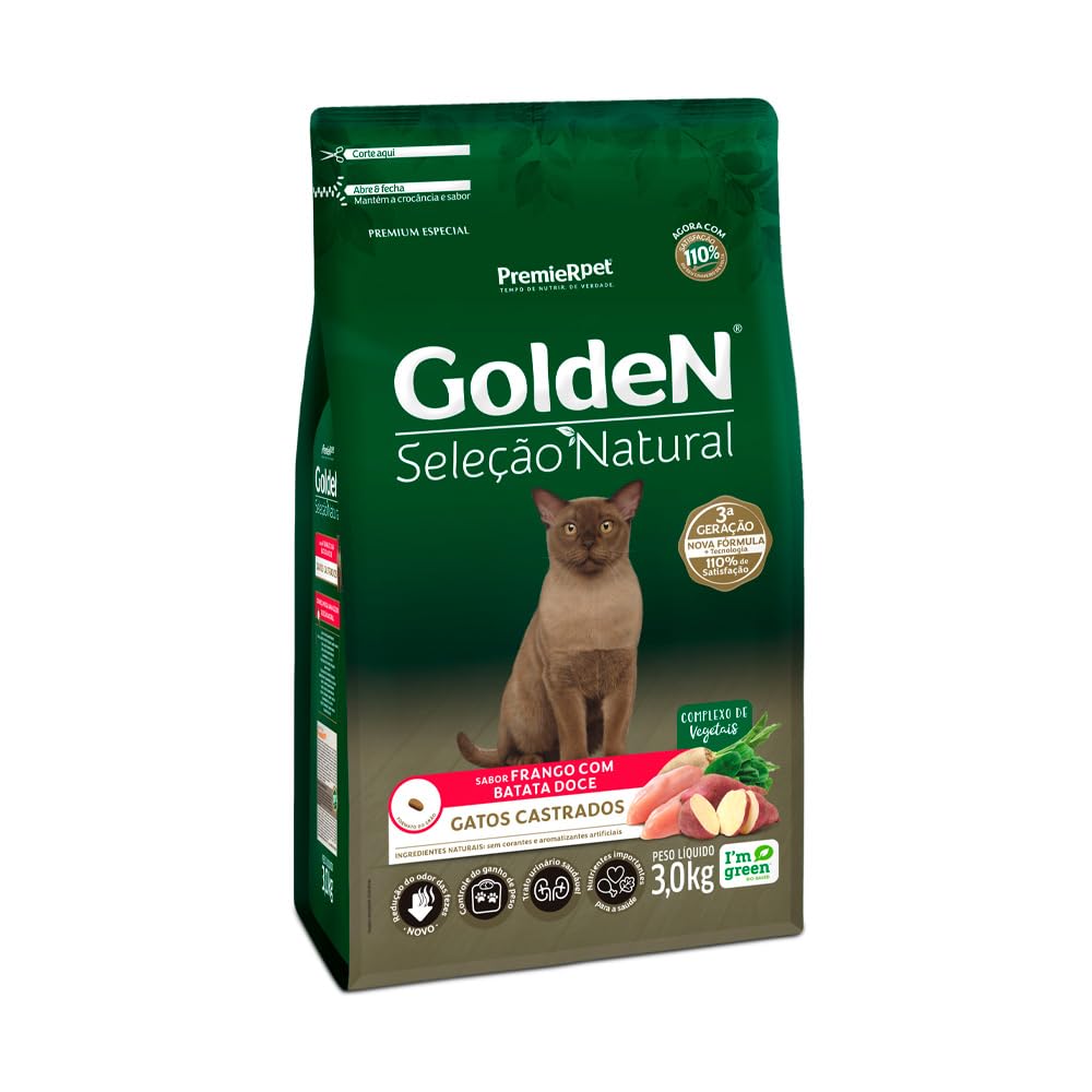 PremieR Pet Golden Seleção Natural Ração Seca para Gatos Castrados Sabor Frango com Batata Doce 3kg