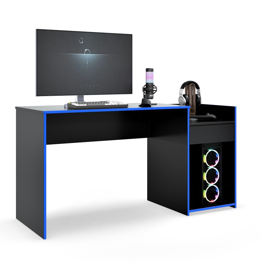 Mesa Gamer Eros com Gaveta e Nicho - Preto/Azul