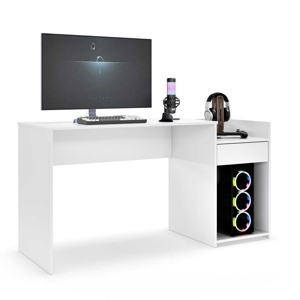Mesa Gamer Eros com Gaveta e Nicho - Branco