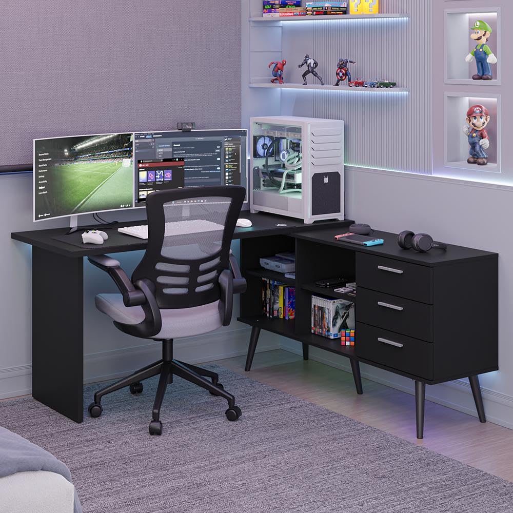 Mesa Gamer em L 3 Gavetas Preto Lisboa Madesa