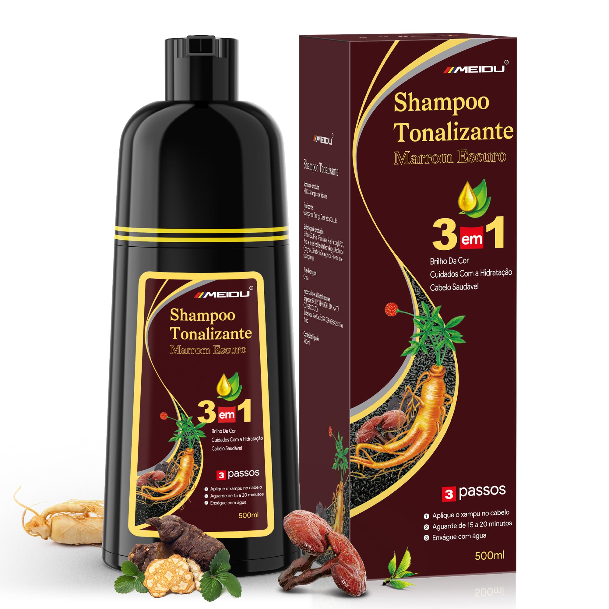 Shampoo Tonalizante Marrom Escuro 3 em 1 para Cabelos Grisalhos, Shampoo que Pinta o Cabelo para Mulheres e Homens, Tinta de Cabelo com Extratos Vegetais, Cobertura de Fios Brancos até 15 Dias, 500ml