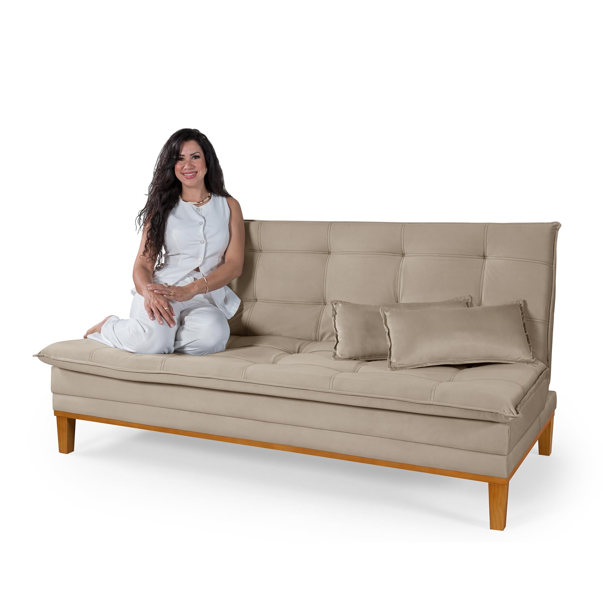 Sofá Cama Reclinável Melim Casal Premium 2 Lugares Suede Bege