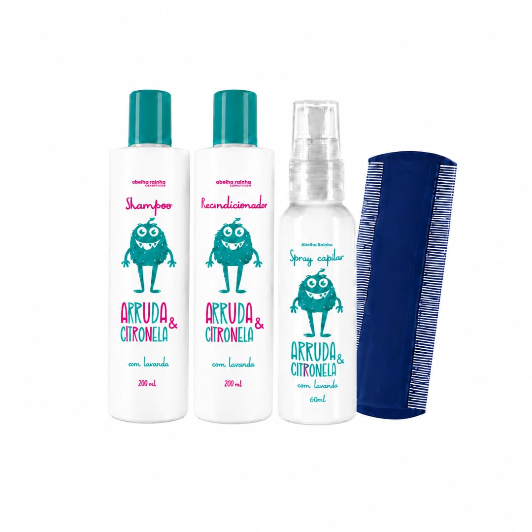 Kit Mata Piolho e Lêndeas, Arruda e Citronela Shampoo, Condicionador, Spray Abelha Rainha e Pente Fino