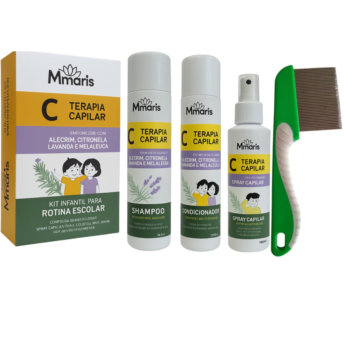 Kit Shampoo Piolhos e Lêndeas Condicionador com Pente de Ferro M Mari's