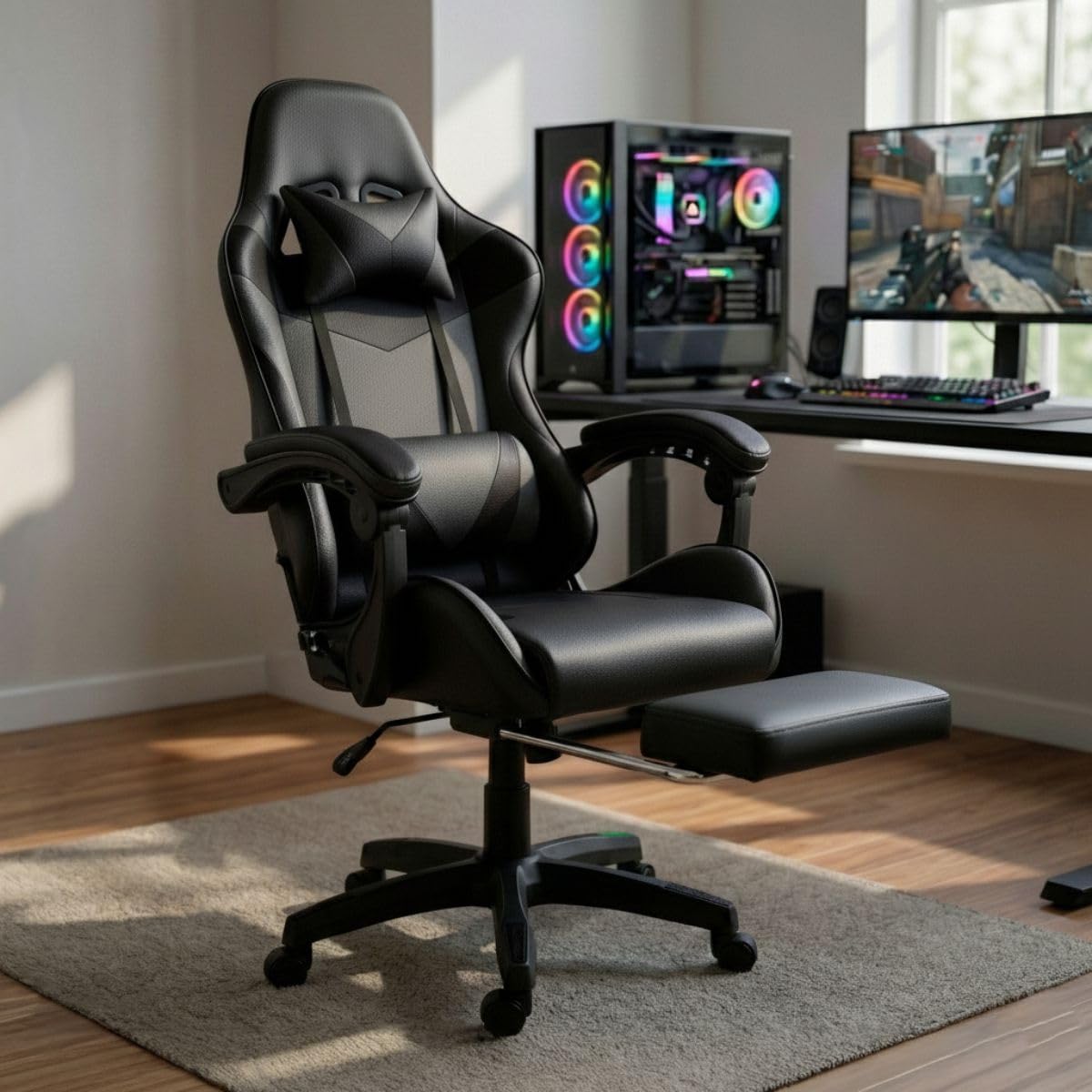 Cadeira De Escritorio Para Jogos Setup Gamer Ergonomica Reclinavel Profissional (Preta)