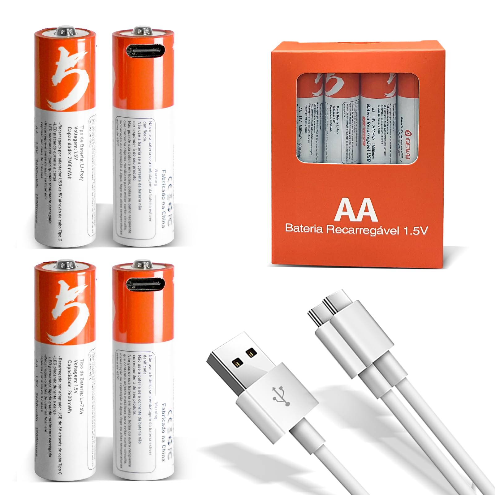 Pilha Recarregável AAA 1.5V 400mAh, Bateria de Lítio com Carregamento USB Tipo C