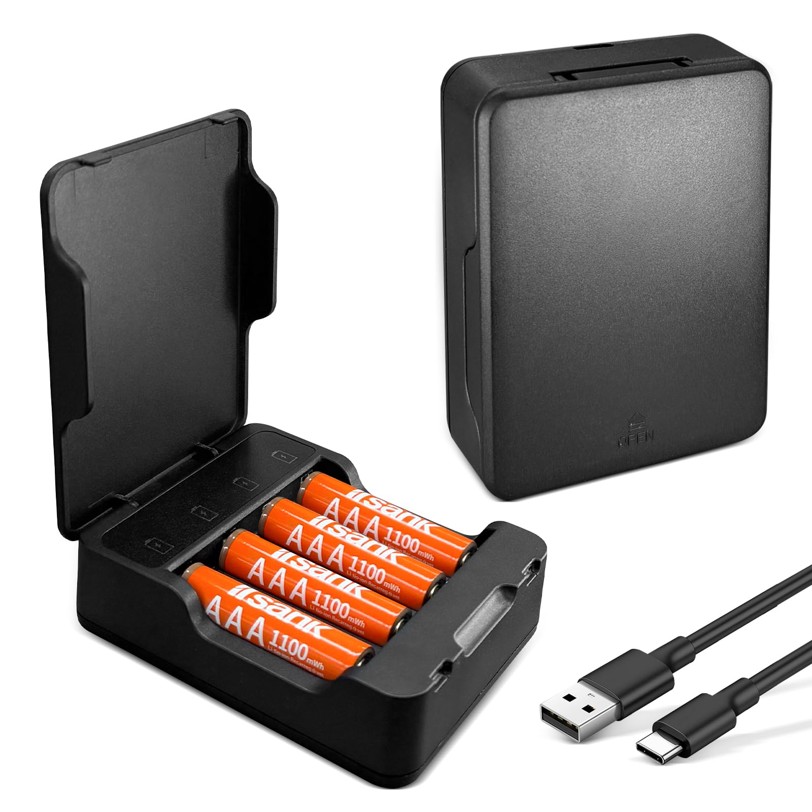 Pilha Recarregável AAA 1100mWh com Carregador, Bateria 1,5V via USB-C, 4 Unidades