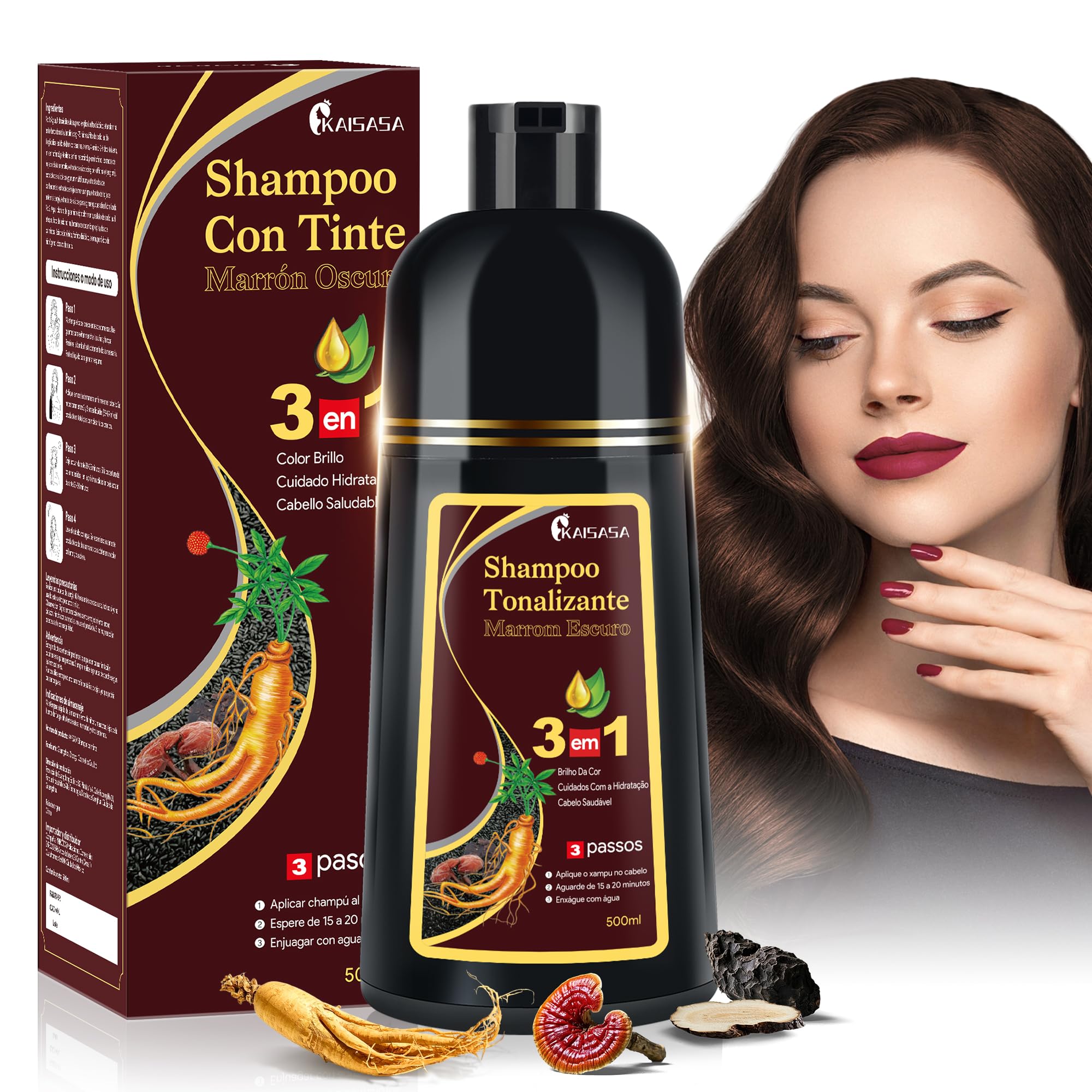 KAISASA Shampoo Tonalizante 3 em 1 Marrom Escuro, para disfarçar cabelos brancos – Shampoo de Tintura de Cabelo 500ml