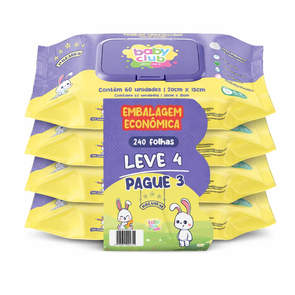 Lenço Umedecido Bebê Baby Club Premium 240 Unidades, 4 Pacotes de 60
